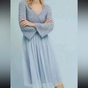 Sz M Maeve blue Gray Long Sleeve Knit and Chiffon Dress Anthropologie